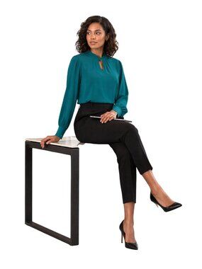 Adrianna Papell Teal Long Sleeve Keyhole Blouse Womens Size Large